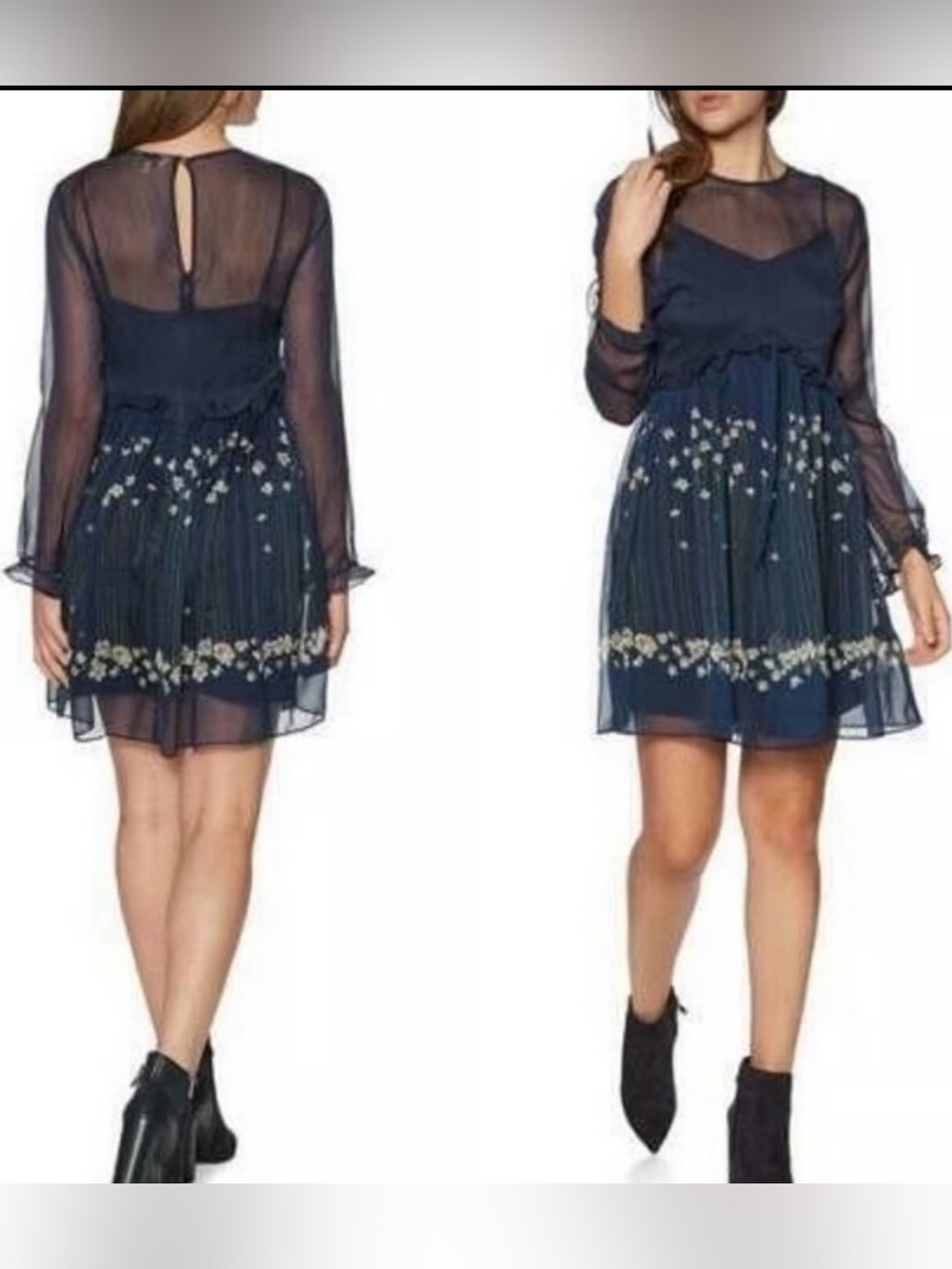 Ted Baker Navy Floral Long Sleeve Chiffon Dress - Picture 2 of 15